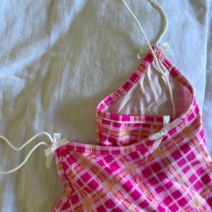 Pink plaid Crop top with straps and bow